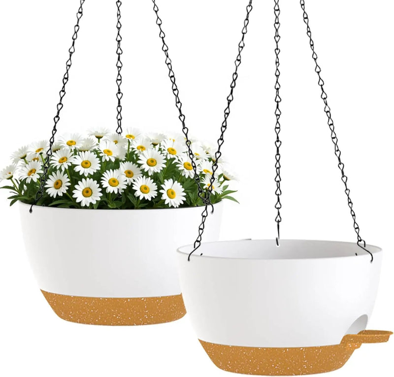 10 Inch Hanging Planters with Chains 2 Pack Self Watering White Brown Plastic Hanging Pots for Indoor Outdoor Plants, Garden Porch Home Decor (White Brown) by GreenHaven Gardens