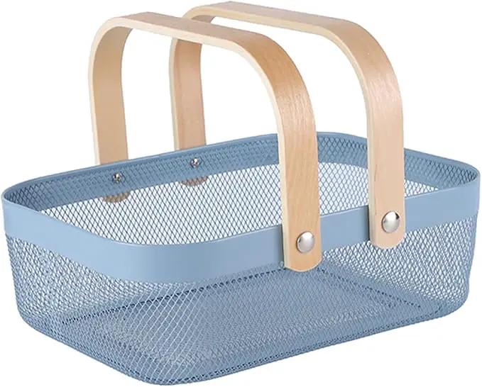 Metal Mesh Steel Basket, Storage Organizer Baskets Garden Harvest Basket Multi-functional Kitchen Fruit Baskets Bin with Wooden Handle for Bathroom Picnic Shopping Decor Cabinet Home, Blue by GreenHaven Gardens