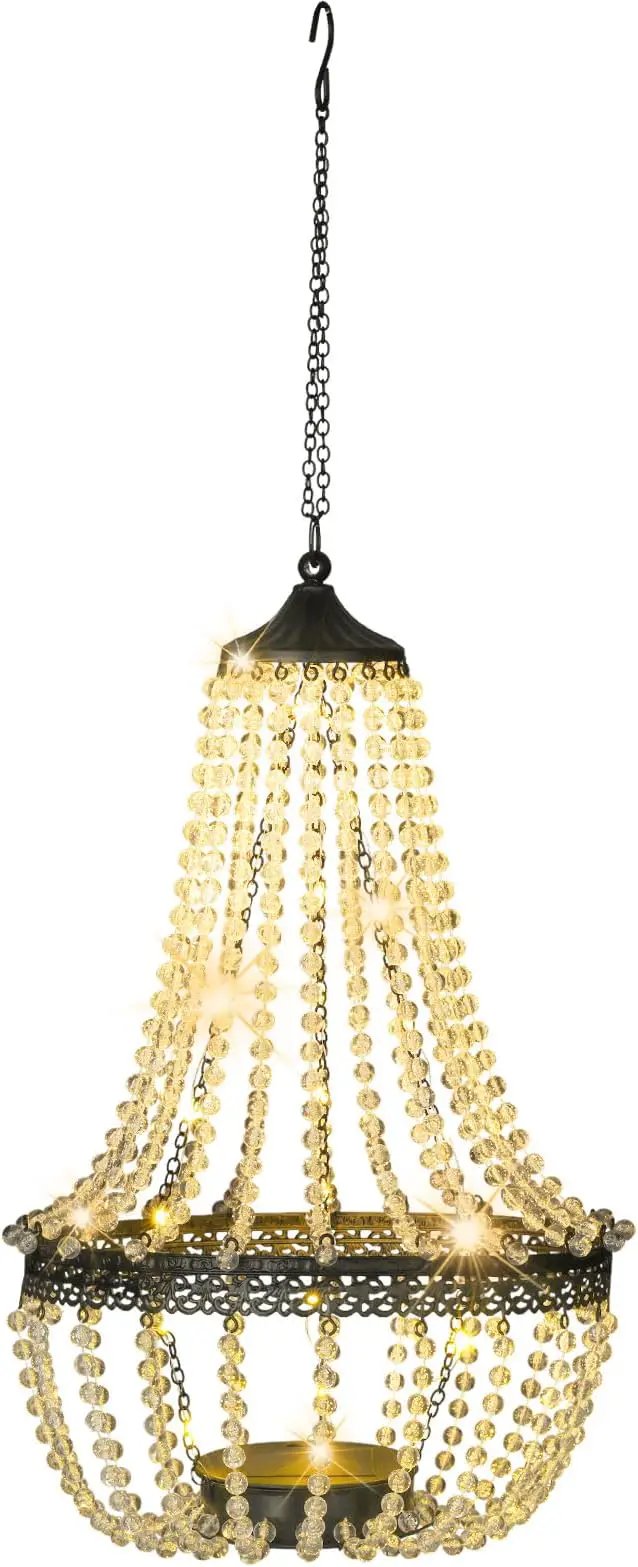 Hanging Solar Chandelier Outdoor, 30 Warm White Lights Acrylic Clear Beaded Chandelier with S Hooks Modern Lantern for Garden Yard Patio Gazebo Decorations, 28”H by GreenHaven Gardens