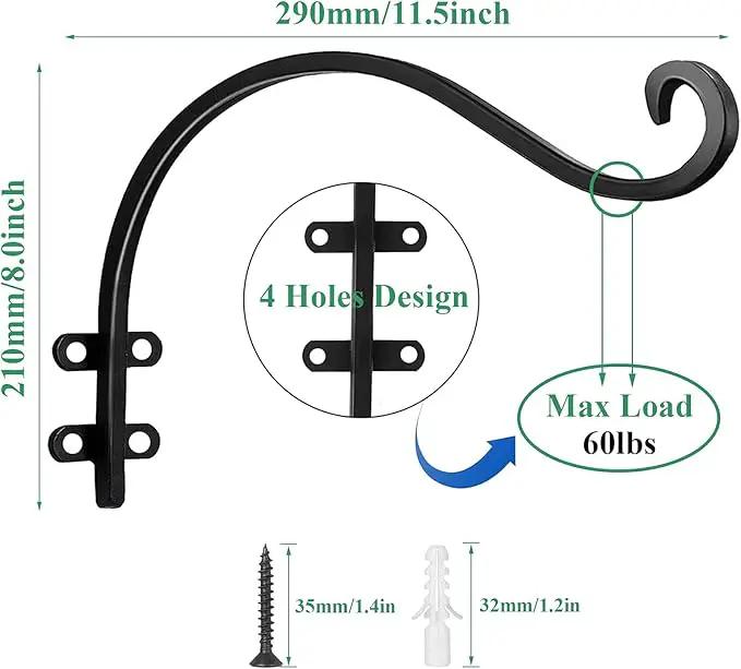 4 Pack Heavy Duty Plant Hanger Bracket, 12Inch Hanging Brackets for Plants Outdoor and Indoor, 80lbs Holding Capacity Metal Plant Wall Hooks, Black Hanging Plant Brackets for Flower Wind Bird Feeder by GreenHaven Gardens