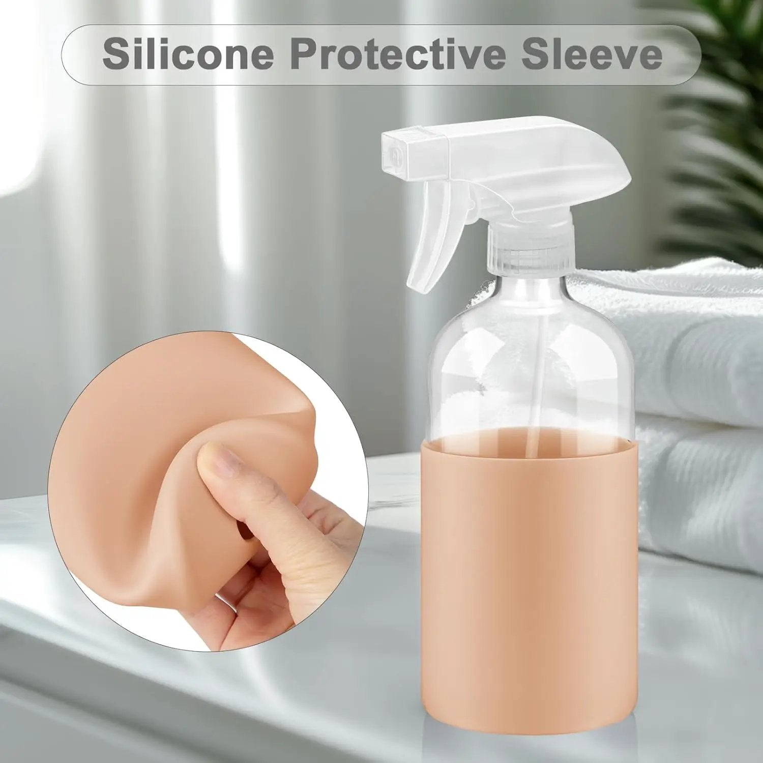 2 Pack Glass Spray Bottles with Long Silicone Sleeve, 16 oz Empty Refillable Containers with Adjustable Spray Nozzles, Spray Bottles for Hair, Cleaning Solutions and Plants khaki by GreenHaven Gardens