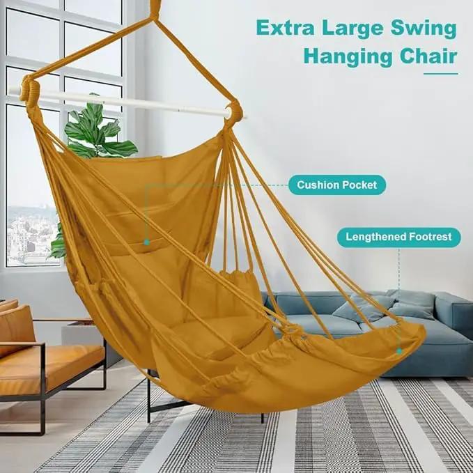 Outerman Hammock Chair, Hanging Chair with 3 Cushions and Foot Rest Support, Sturdy Metal Spreader Bar Max 500Lbs, Swing Chair for Bedroom, Indoor & Outdoor, Patio, Porch or Tree（Khaki） by GreenHaven Gardens