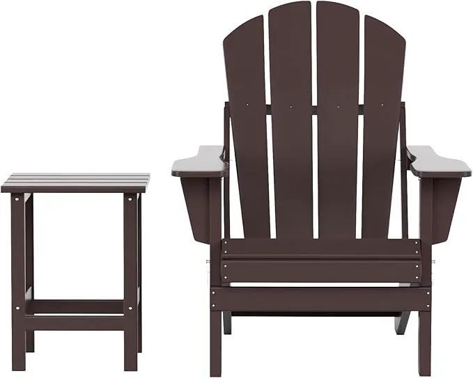 WO Home Furniture Adirondack Chair Table Set of 2 PCS Outdoor Folding Chair w Side Table Weather/UV Resistant for Lawn, Garden, Bon Fire, Balcony (Dark Brown) by GreenHaven Gardens