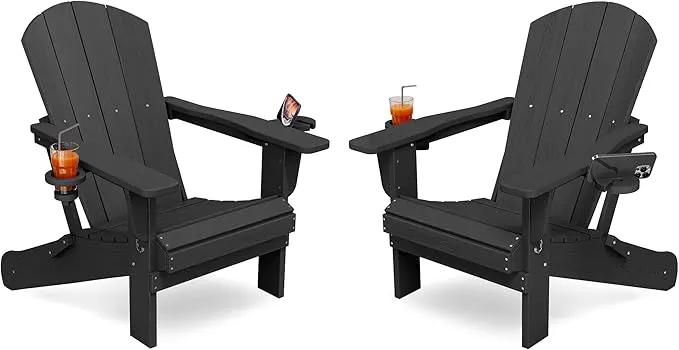 KINGYES Folding Adirondack Chair Set of 2, Dual Cup Holders & All-Weather HDPE, Wood-Like Patio Chair for Backyard, Camping, Pool & Fire Pit, Black by GreenHaven Gardens