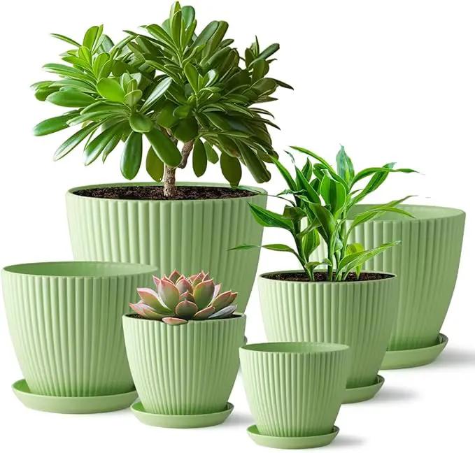 Plant Pots with Drainage Holes and Tray Saucer - 7.5/6.5/5.5/4.9/4.2/3.5 Inches Flower Pots - 6 Pack Thick and Sturdy Planters for Indoor Plants Such As Orchid, Succulent and Herbs, Green by GreenHaven Gardens