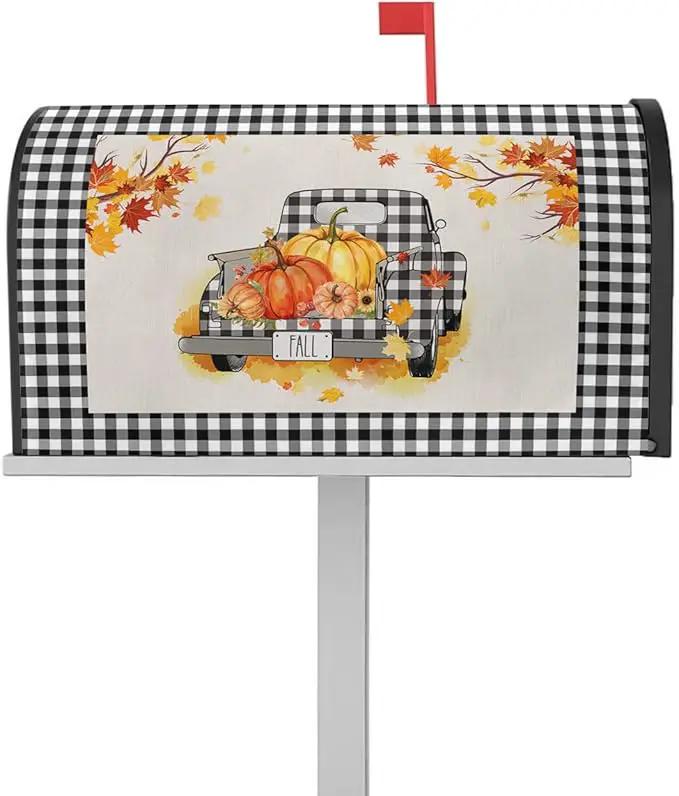 Magnetic Mailbox Cover Oversized 21"x25.5" Fall Black and White Buffalo Plaid Truck with Pumpkins Post Box Cover Mailbox Wraps Post Letter Box Cover for Holiday Garden Yard Outdoor Decor by GreenHaven Gardens