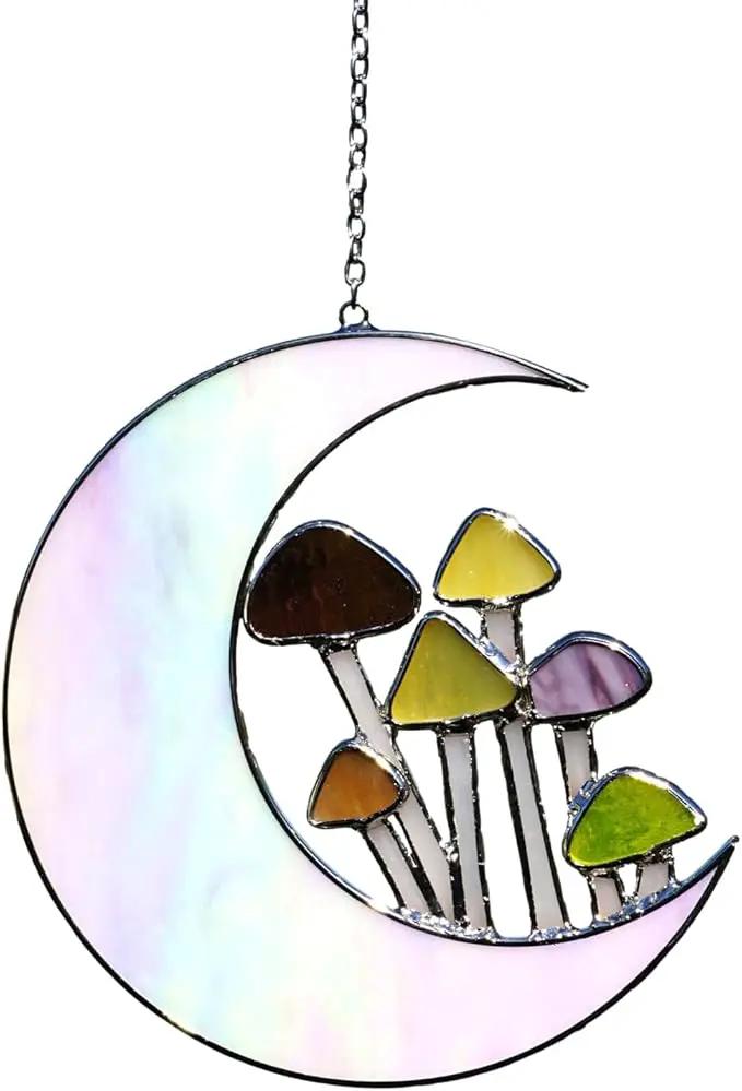 Sensory4U Mushroom Moon Stained Glass Suncatcher - Earth Tone Modern Window Hanging Wall Art - Home Decor or Garden Suncatcher for Natural Light Reflection by GreenHaven Gardens
