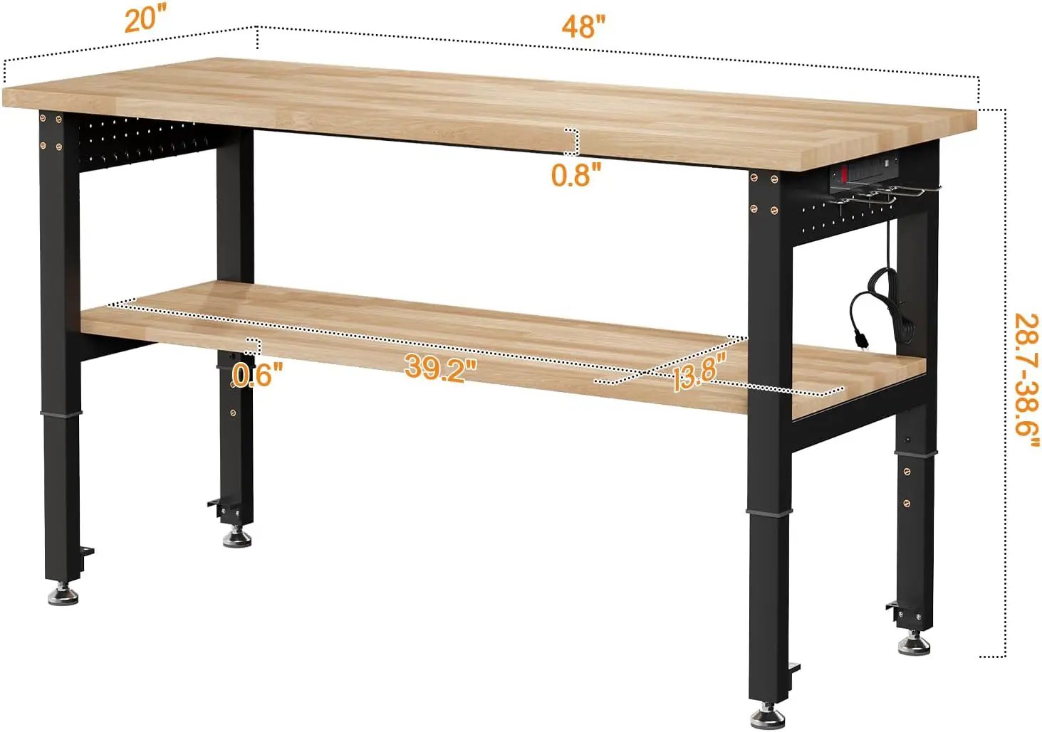 Albott 48" Adjustable 2-Tier Workbench with Solid Wood Top, Max 2000lbs Capacity, Built-in Power Strip with 4 AC Outlets & 2 USB Ports, Pegboard & 20 Hooks, Shop Garage Office by GreenHaven Gardens