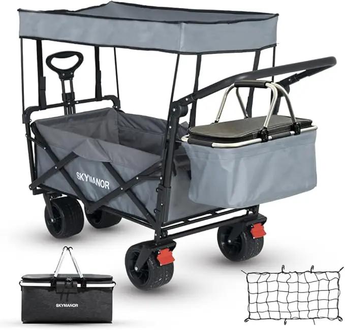 SKYMANOR Collapsible Wagon with Removable Canopy, 3-in-1 Heavy Duty Garden Cart with Big All-Terrain Wheels, Brakes, Adjustable Push Pull Handle, Cooler Bag, 300LBS Wagon Cart for Camping (Grey) by GreenHaven Gardens