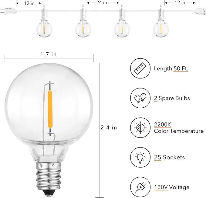 Outdoor String Lights - 50 Ft Waterproof Connectable Commercial LED Patio Lights with 25 G40 Globe Bulbs, All Weatherproof Hanging Globe Lights for Outside Backyard Porch Party Decoration by GreenHaven Gardens