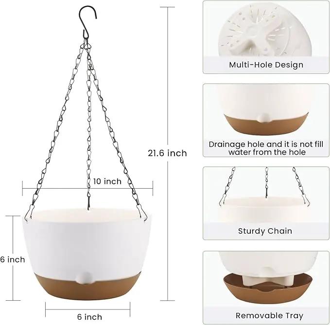 10 Inch Hanging Planter, 2 Pack Hanging Plastic Plant Self Watering Pot with Drainage Holes and Saucers, Hanging Baskets Flower Pots for Indoor Outdoor Garden Plants and Flowers-White by GreenHaven Gardens