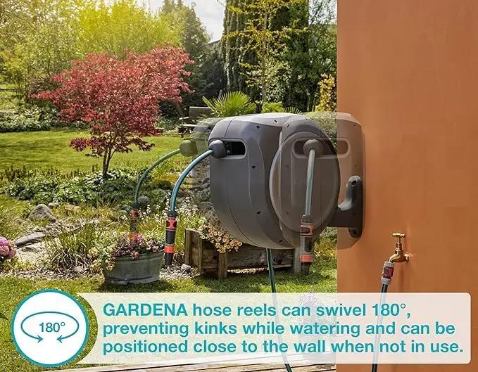GARDENA 20502, Retractable Garden Hose Reel 75' x 1/2" hose, Wall Mounted, Automatic Retraction & Length Lock for Easy Watering. Heavy Duty Swivel Bracket 180°, Includes Nozzle. Made in Europe by GreenHaven Gardens