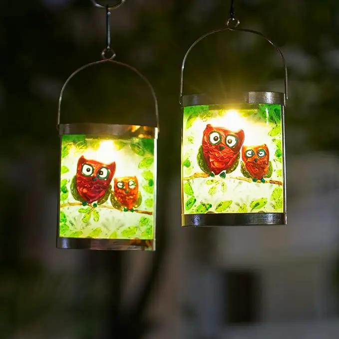 Starsoul 2 Pack Hanging Solar Lantern Outdoor Waterproof Owls Nestled on Branch Glass Decorative Solar Lights for Outside Garden Yard Table Patio Decor by GreenHaven Gardens