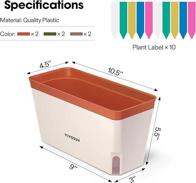 VIVOSUN Self-Watering Planters, 6-Pack 10.5 Inch Compact Rectangular Window Herb Planter Box with 10 PCS Plant Labels, Plant Container for Basil, Flowers, Succulents, Indoor & Outdoor by GreenHaven Gardens