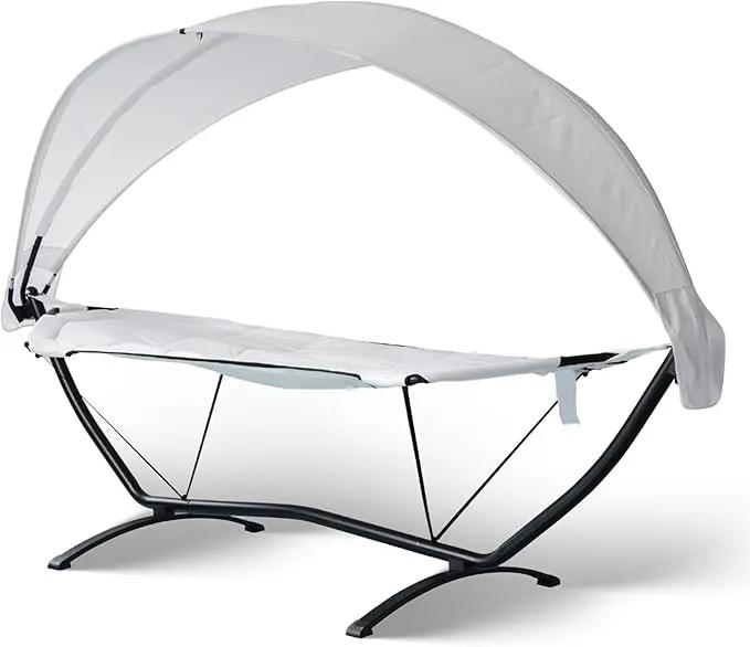 Island Retreat Sea Breeze Steel Frame Hammock Lounge Chair with Canopy - Luxury Shaded Hammock with Stand for Outside - Boho Style Beach Chair with Adjustable & Removeable Canopy - Black & Champagne by GreenHaven Gardens