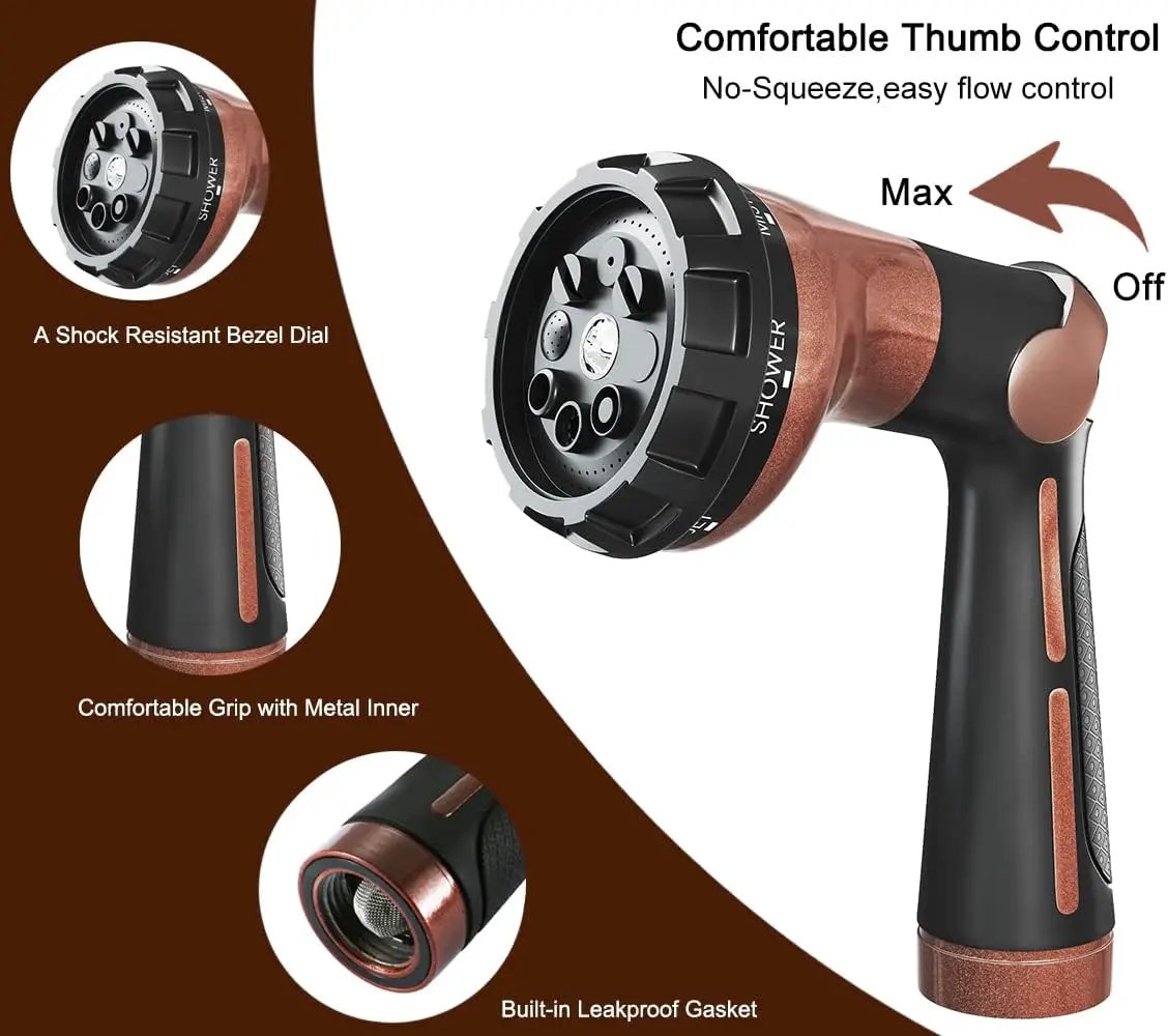 FANHAO Garden Hose Nozzle, 100% Heavy Duty Metal Water Hose Sprayer with 8 Spray Patterns, High Pressure Water Nozzle with Thumb Control, On Off Valve for Watering Plants, Washing Cars & Pets, Brown by GreenHaven Gardens
