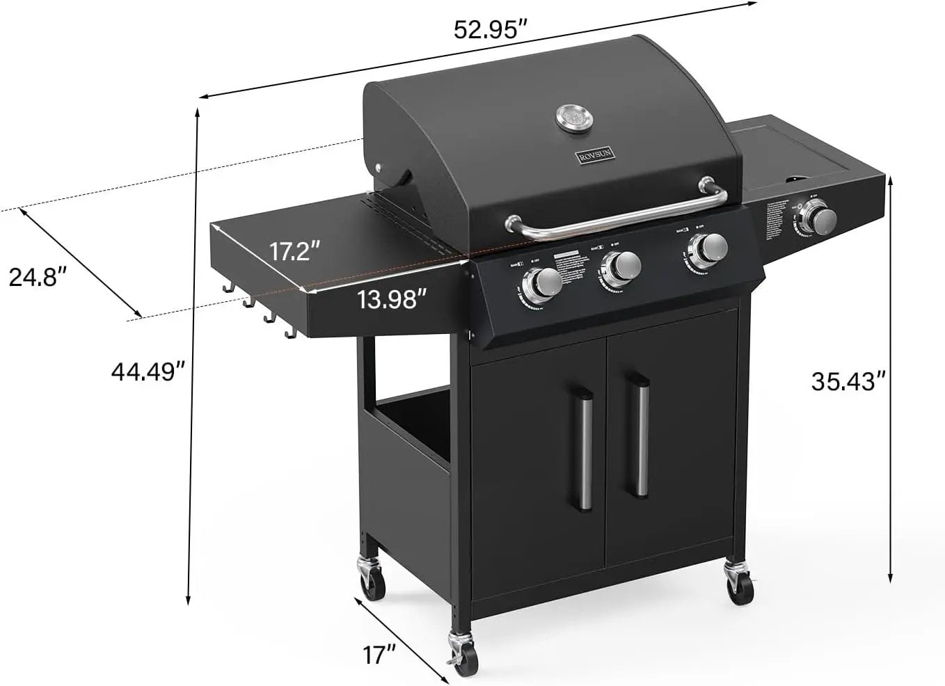 ROVSUN 3-Burner Propane Gas BBQ Grill with Side Burner & Enameled Cast Iron Grates, 46,000 BTU Barbecue Grill with Wheels for Outdoor Patio Backyard Cooking Grilling, Black by GreenHaven Gardens