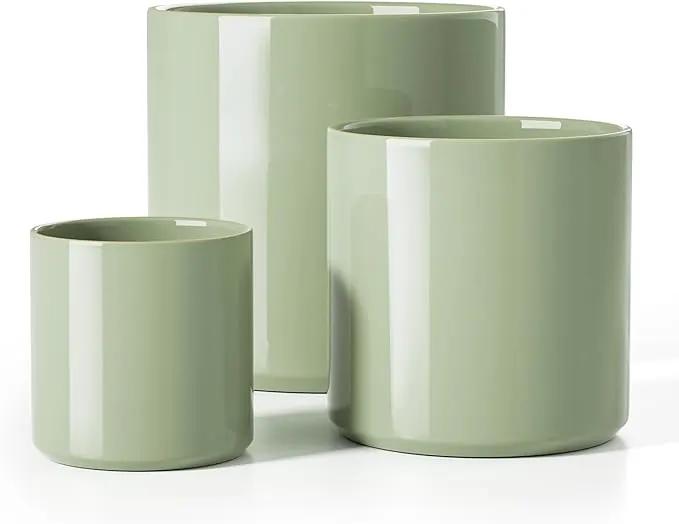 LE TAUCI Large Plant Pots Set, 10/8/6 Inch Ceramic Planters for Indoor Plants, Mid-Century Modern Flower Planter Pots with Drainage Hole and Plug, Round Planter, Set of 3, Reactive Glaze Olive Green by GreenHaven Gardens