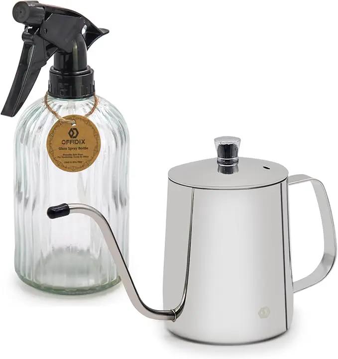 OFFIDIX Watering Can for Indoor Plants,Long Spout Metal Stainless Steel 21 oz/600 ml Watering Can with 14 oz/400ml Glass Plant Mister Spray Bottle for House Plant Bonsai by GreenHaven Gardens