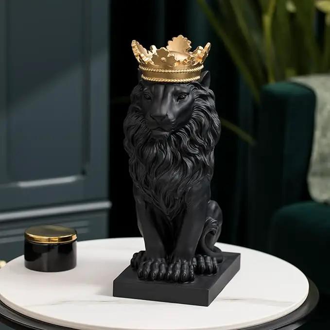 LCdecohome Lion Statue - Outdoor Collectible Figurine, 15 Inch Gold Crown Black Standing Lion Home Decor for Desk & Home Black Decor Gift by GreenHaven Gardens