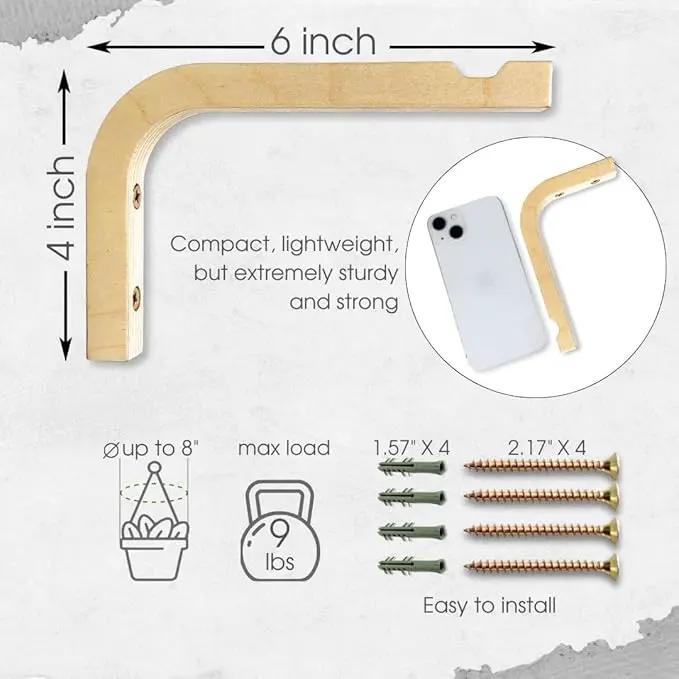 2-Piece Set of Plant Hooks for Wall 6 inch - Mounted Wooden Plant Hook - Indoor and Outdoor Bracket Plant Hanger for Planters, Lanterns, Bird Feeders, Patio Decorations (Natural) by GreenHaven Gardens