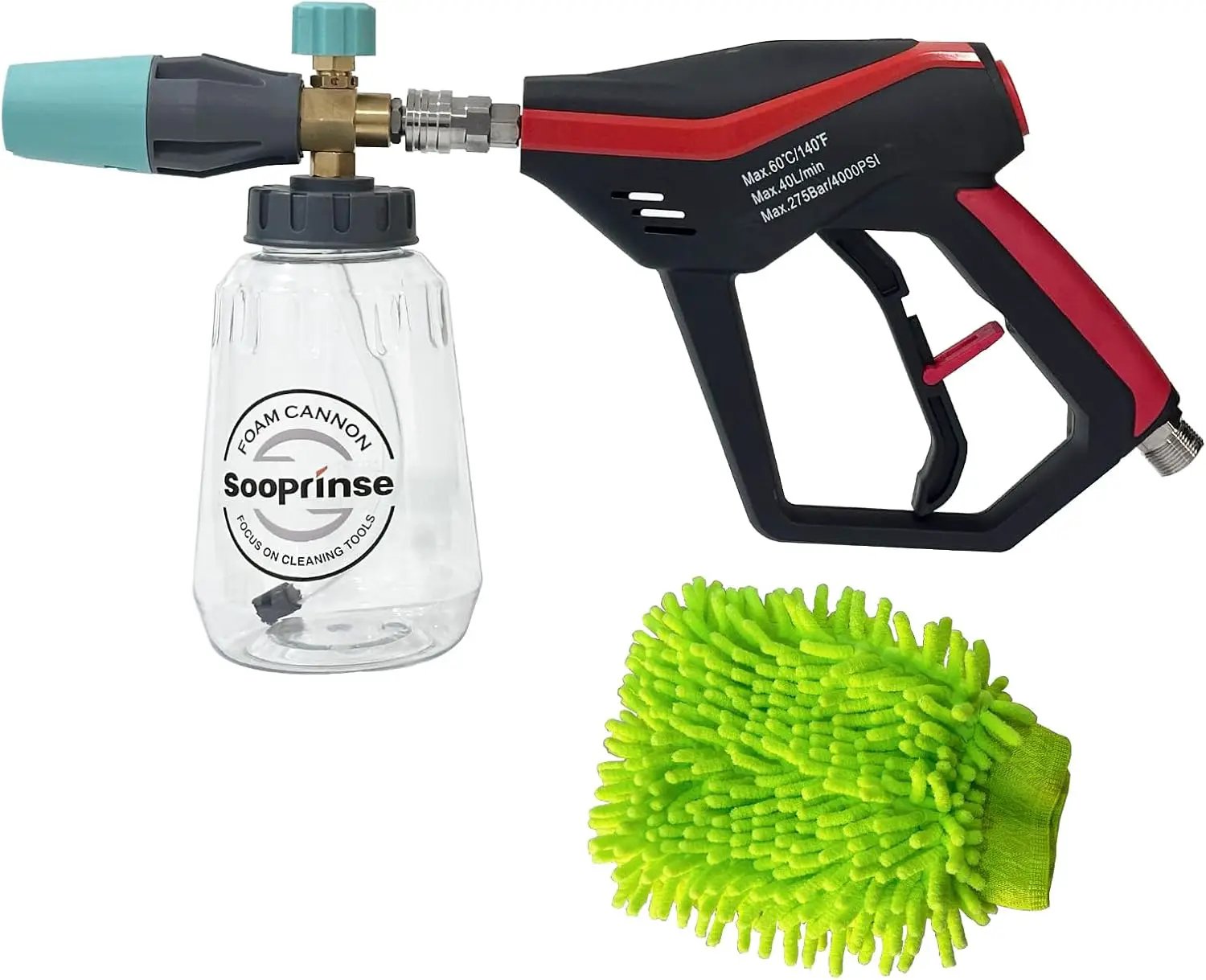 Sooprinse Pressure Washer Gun with Foam Cannon Snow Foam Lance, Short Pressure Washer Gun with Foam Cannon with 1/4 Inch Quick Connector, Power Washer Foam Blaster with Car Wash Mitt, 4000 PSI,1 Liter by GreenHaven Gardens