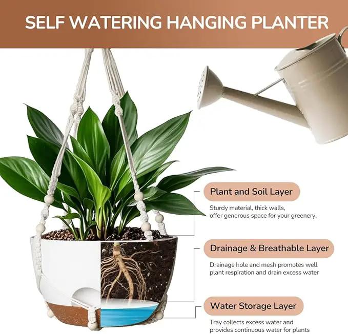 12 Inch Hanging Baskets for Plants Outdoor, Hanging Planters for Indoor Outdoor Plants, Hanging Planter with Self Watering, Hanging Flower Pots (White Planter with Macrame + Iron Hangers) by GreenHaven Gardens