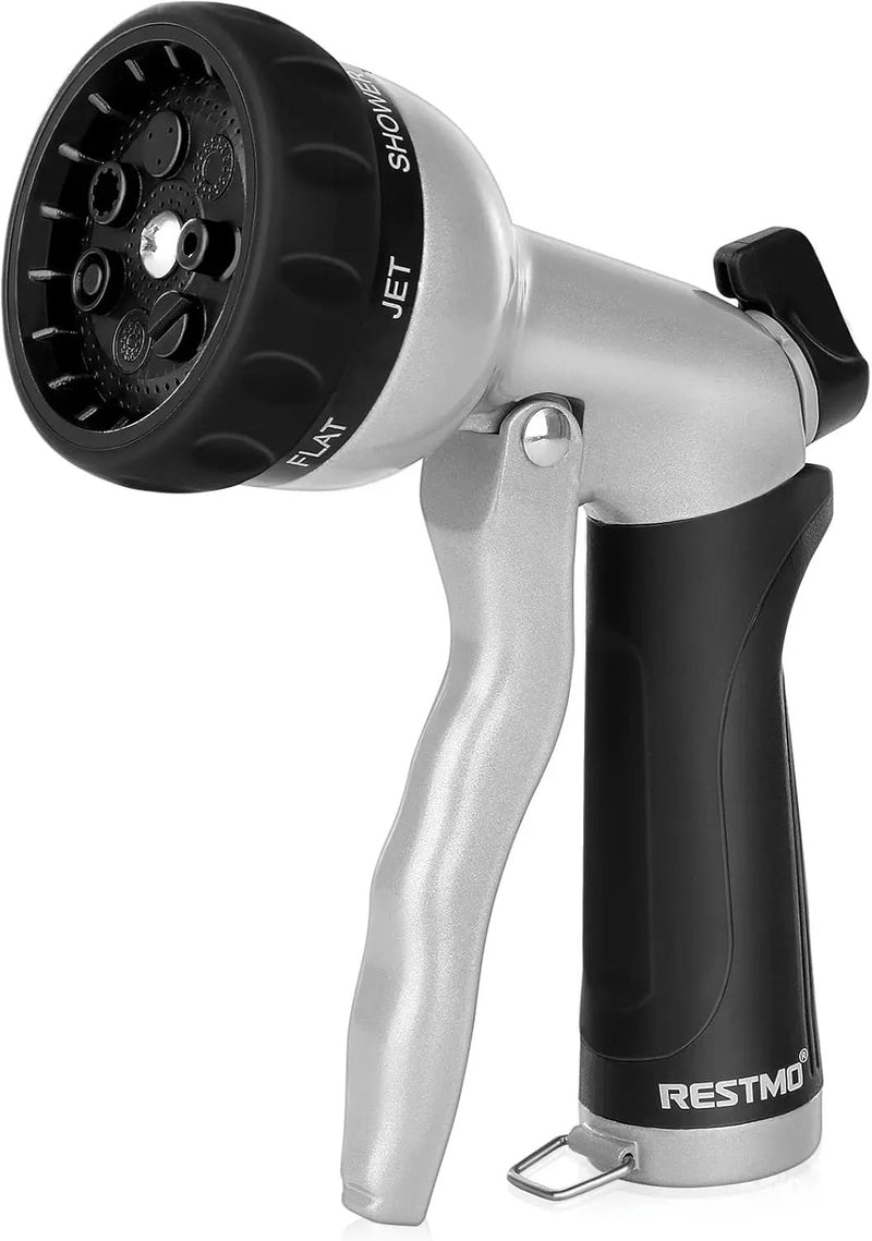 RESTMO Garden Hose Nozzle, Heavy Duty Metal Water Nozzle with 7 Adjustable Spray Patterns, High Pressure Hand Sprayer with Flow Control, for Watering Plants & Lawns, Washing Cars & Pets, Black by GreenHaven Gardens
