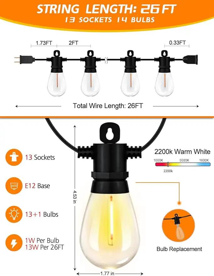 Achin 26FT LED Outdoor String Lights, Patio Lights Waterproof with 13+1 S14 Edison Shatterproof Bulbs, 2200K Dimmable Outside Hanging Lights, String Lights for Outside Backyard Bistro Market Pergola by GreenHaven Gardens