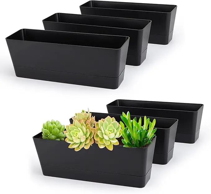 GREANER 6 Pack Herb Planters, 12x3.8 Inch Black Rectangle Window Boxes with Tray, Indoor Succulent Cactus Mint Plastic Pot for Windowsill, Balcony, Office, Outdoor Garden by GreenHaven Gardens
