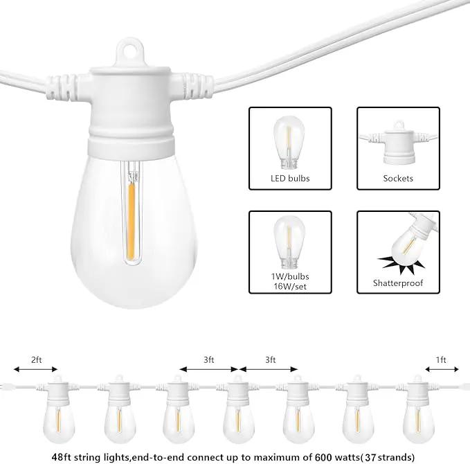 SUNTHIN White String Lights, 48ft White Outdoor Lights with 16 1W Shatterproof LED Bulbs for Patio, Garden, Backyard, Porch, Cafe, Deck, Wedding, Party by GreenHaven Gardens