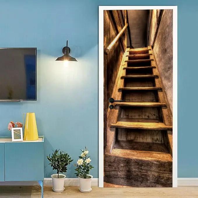 3D Peel and Stick Murals - Wooden Stairs Wallpaper - Removable PVC Waterproof Door Poster for Bedroom Living Room - 37.4 x 78.7 inch by GreenHaven Gardens