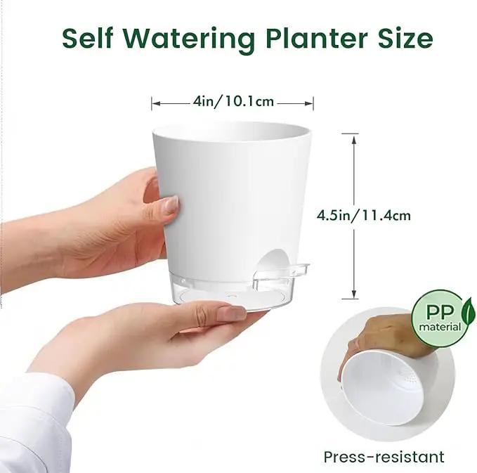 4 inch Self Watering Pots for Indoor Plants, 5 Pack Small Flower Plant Pots with Drainage Holes and Clear Reservoirs, Visible Water Level, Plastic Planters with Wicking Rope, White by GreenHaven Gardens