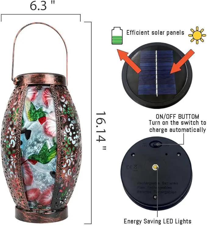 Hummingbird Solar Lanterns Glass & Metal Hanging Lantern Outdoor Waterproof 16" H Tabletop Light with Hollowed-Out Design for Garden Patio Table Decor Mother's Day Gift by GreenHaven Gardens