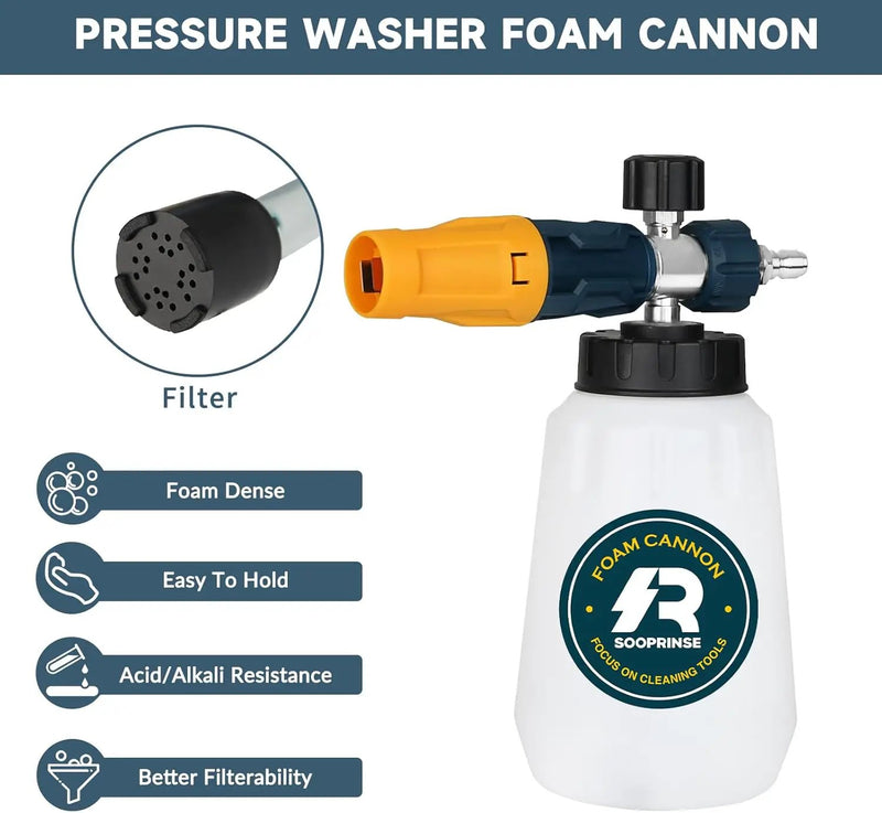 Sooprinse Foam Cannon with 1/4 Inch Quick Connector, Heavy Duty Car Foam Blaster Wide Neck Adjustable Snow Foam Lance for Pressure Washer, 5 Pressure Washer Nozzle Tips, 1 Liter by GreenHaven Gardens
