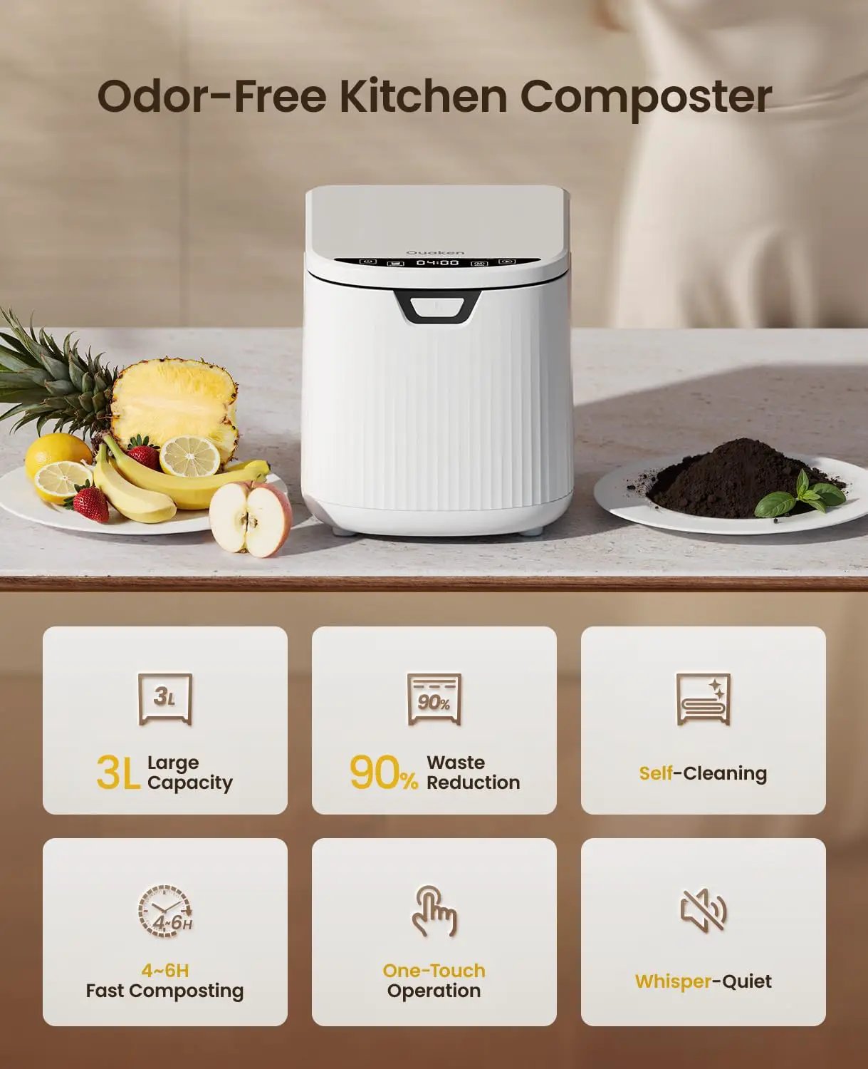 Electric Composter for Kitchen,Ouaken 3L Indoor Kitchen Waste Compost Machine Countertop Smart Composting Bin,Compact Food Recycler for Home with Low Noise,Odorless,Auto-Clean,LED Display by GreenHaven Gardens