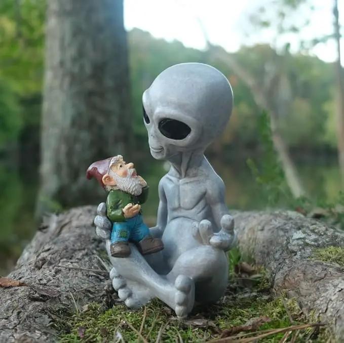 Andre' & Fritz Friendship Stories Alien and Gnome Garden Statue | Poly-Resin 6.5" h x 4" w x 3.5" d Outdoor Décor (Stories - Garden Statue) by GreenHaven Gardens