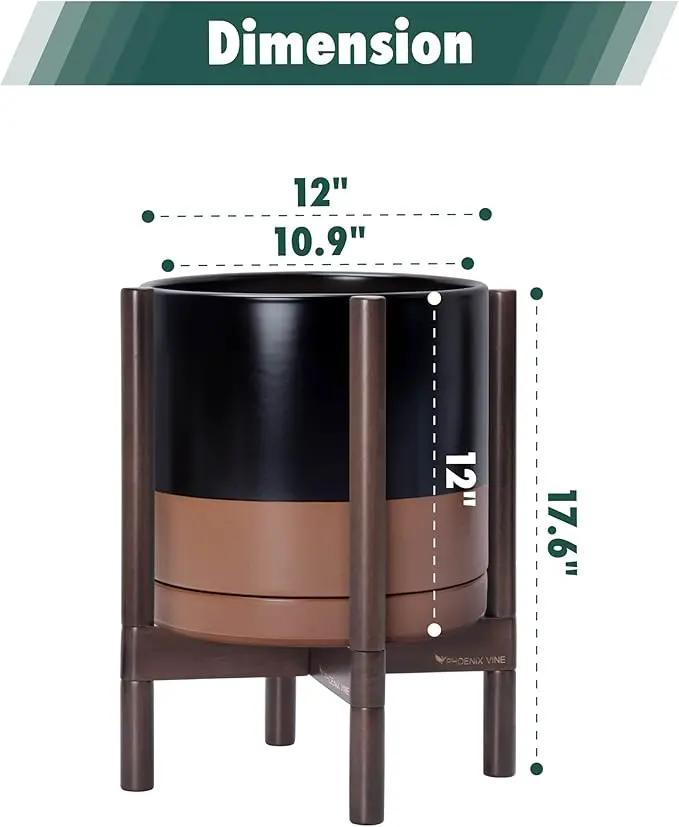 D'vine Dev Ceramic Planter with Walnut Color Stand - 12 Inch Modern Round Flower Pot with Wood Planter Holder, Black/Speckled Tan, 55-B-W-7 by GreenHaven Gardens