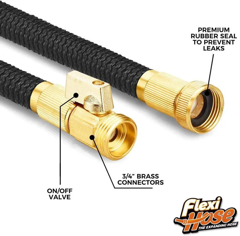 Flexi Hose PLUS with 8 Function Nozzle Expandable Garden Hose, Lightweight & No-Kink Flexible Garden Hose, 3/4 inch Solid Brass Fittings and Double Latex Core, 25 ft Black by GreenHaven Gardens