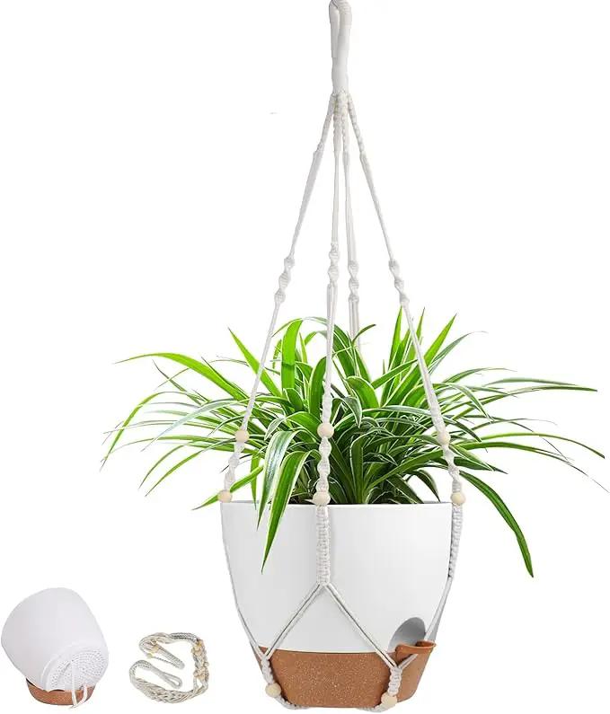 41.5 Inch Macrame Plant Hanger Indoor Outdoor with 12 Inch Flower Pot, Hanging Planter for Plants Holder with Wood Beads for Boho Home Decor (Ivory+White) by GreenHaven Gardens