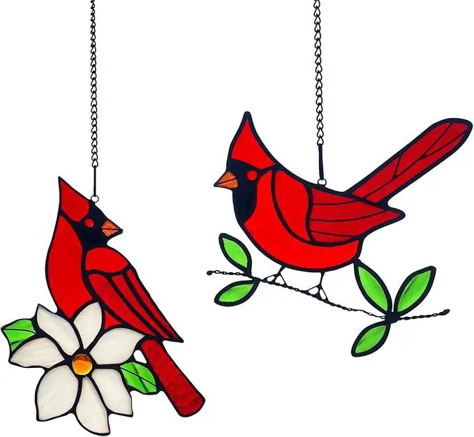 2 Packs Stained Glass Red Cardinal Memorial Gifts for Women, Stained Glass Window Hanging, Red Cardinal on Branch Ornament Suncatcher, Handmade Bird Decor Gift for Mom, Bird Lover by GreenHaven Gardens