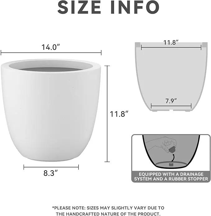 Kante 14 Inch Dia Round Concrete Planter, Indoor Outdoor Large Plant Pot with Drainage Hole and Rubber Plug for Home Patio Garden, Pure White by GreenHaven Gardens