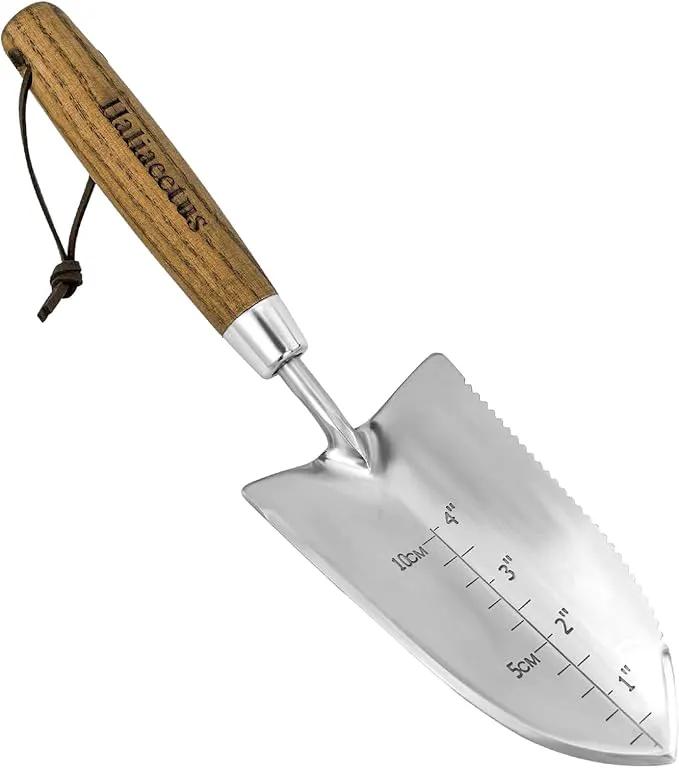Haliaeetus Garden Trowel with Serrated Edge, 4'' Depth Marks Planting Shovel, V-Shaped Sharp Edge Garden Tool, Stainless Steel with Comfortable Wood Handle for Planting and Weeding by GreenHaven Gardens