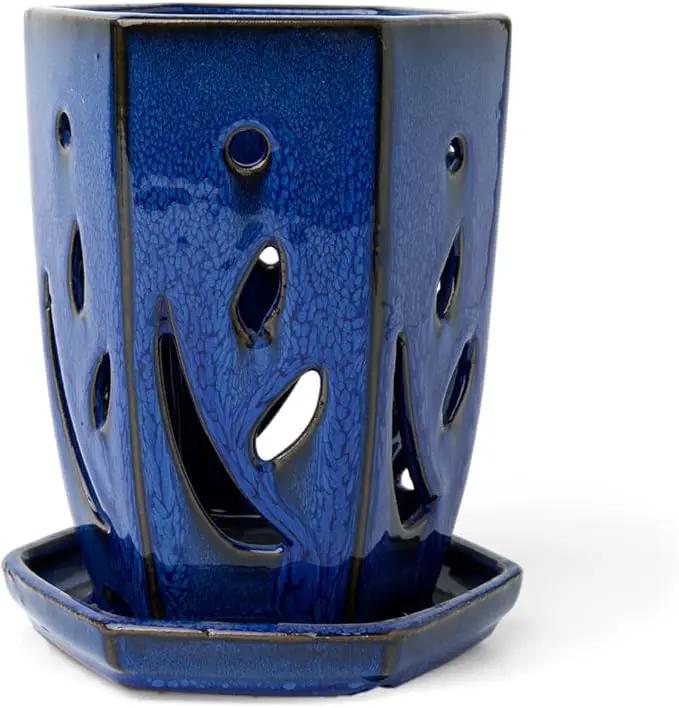 rePotme 4 x 6 inch Hexagon Ceramic Orchid Pot with Holes (Midnight Blue) - Ideal Plant Pot for Repotting Orchids and Other Flowers - Indoor/Outdoor by GreenHaven Gardens