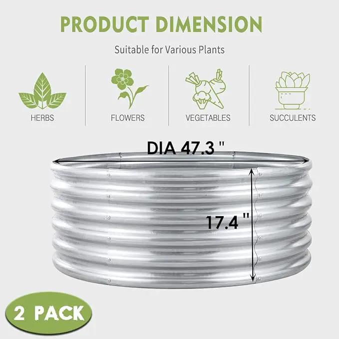 FORTUNO 2 Pcs 17" Tall 4 Ft Round Raised Garden Bed Box Galvanized Metal Outdoor High Flower Bed Steel Patio Ground Planter for Planting Vegetables and Herbs, Silver by GreenHaven Gardens