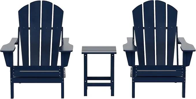 WO Home Furniture Adirondack Chairs Table Set of 3 PCS Outdoor Folding Chairs Side End Table Weather/UV Resistant for Lawn, Garden, Bon Fire, Balcony (Navy Blue) by GreenHaven Gardens