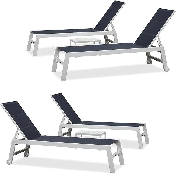 PURPLE LEAF Outdoor Chaise Lounge Set Oversize Adjustable Sunbathing Recliner Extra Wide Lounge Chairs with Side Table for Poolside Beach Outside Patio Aluminum Chaise Lounger Navy Blue 2 Sets by GreenHaven Gardens