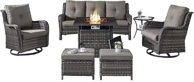 Outdoor Patio Furniture Set with Propane Fire Pit Table, 7 Pieces Wicker Patio Conversation Set with 2 Swivel Glider Rocker Chair Rattan Sofa Grey Cushion Perfect for Casual Gathering by GreenHaven Gardens