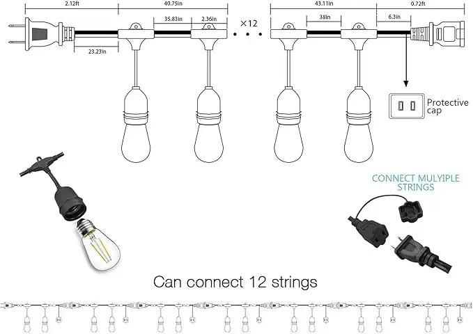 Banord Outdoor String Lights Commercial Grade 96ft Waterproof with 30 S14 Shatterproof Dimmable LED Bulbs, Heavy Duty Hanging Lights for Patio Garden Backyard Decoration, 2W 2x48ft Strands by GreenHaven Gardens