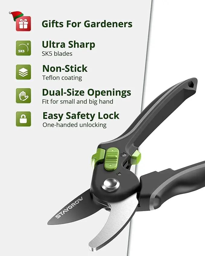 Pruning Shears for Gardening 2 Pack, 8.5" Bypass Garden Clippers and 6.5" Curved Gardening Shears, Pruners with Super Sharp Stainless Steel Blades, Safety Lock, Gardening Gifts for Men Women by GreenHaven Gardens